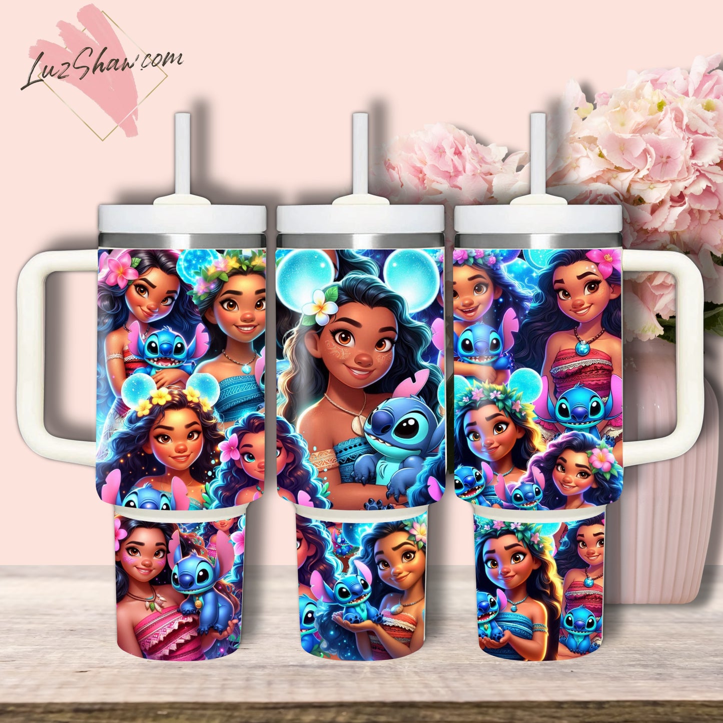 Blue Alien and Moana 40oz Stainless Steel Custom Sublimation Print Double Wall Vacuum Insulated Tumbler