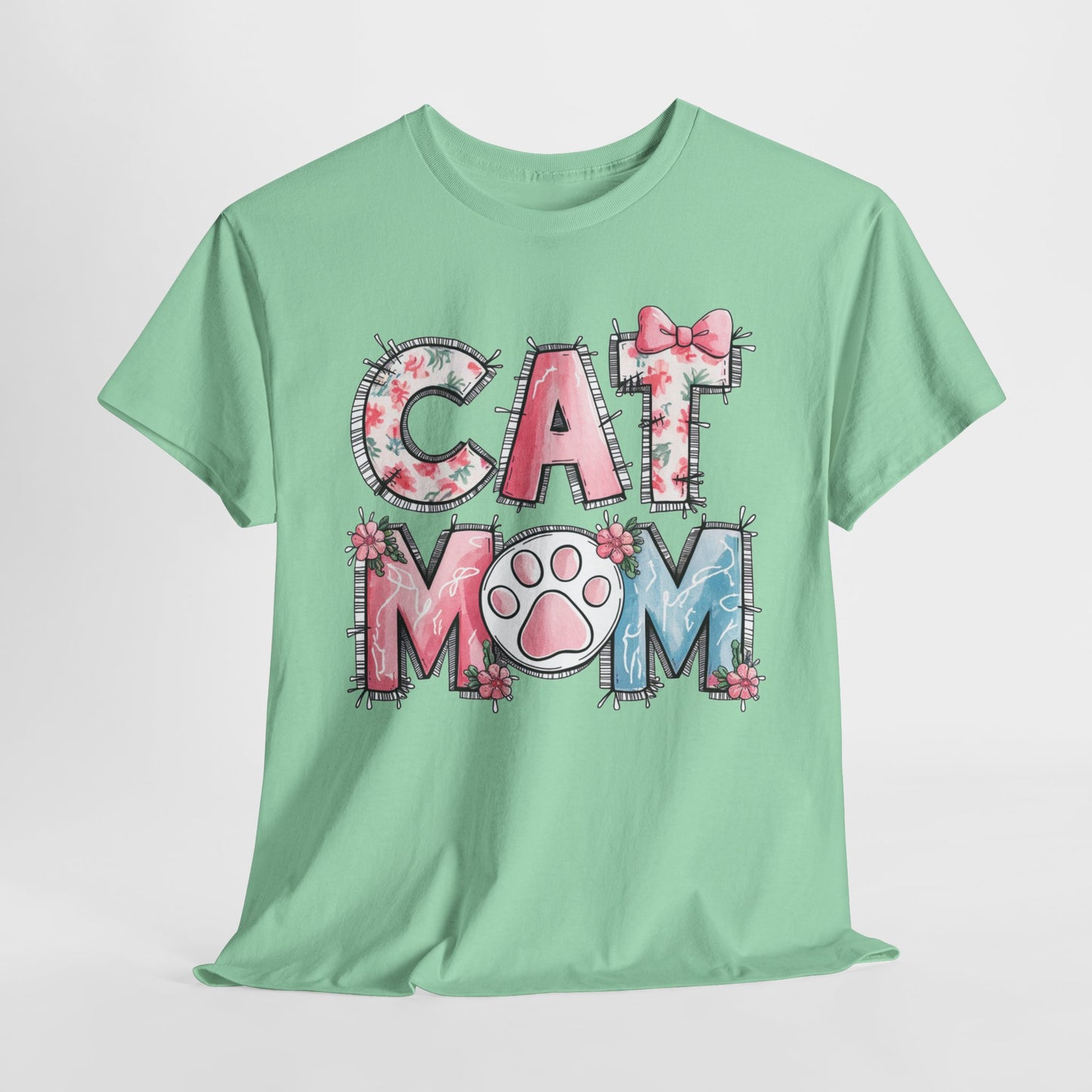 Cat Mom Unisex Heavy Cotton Tee - Cute Floral Design