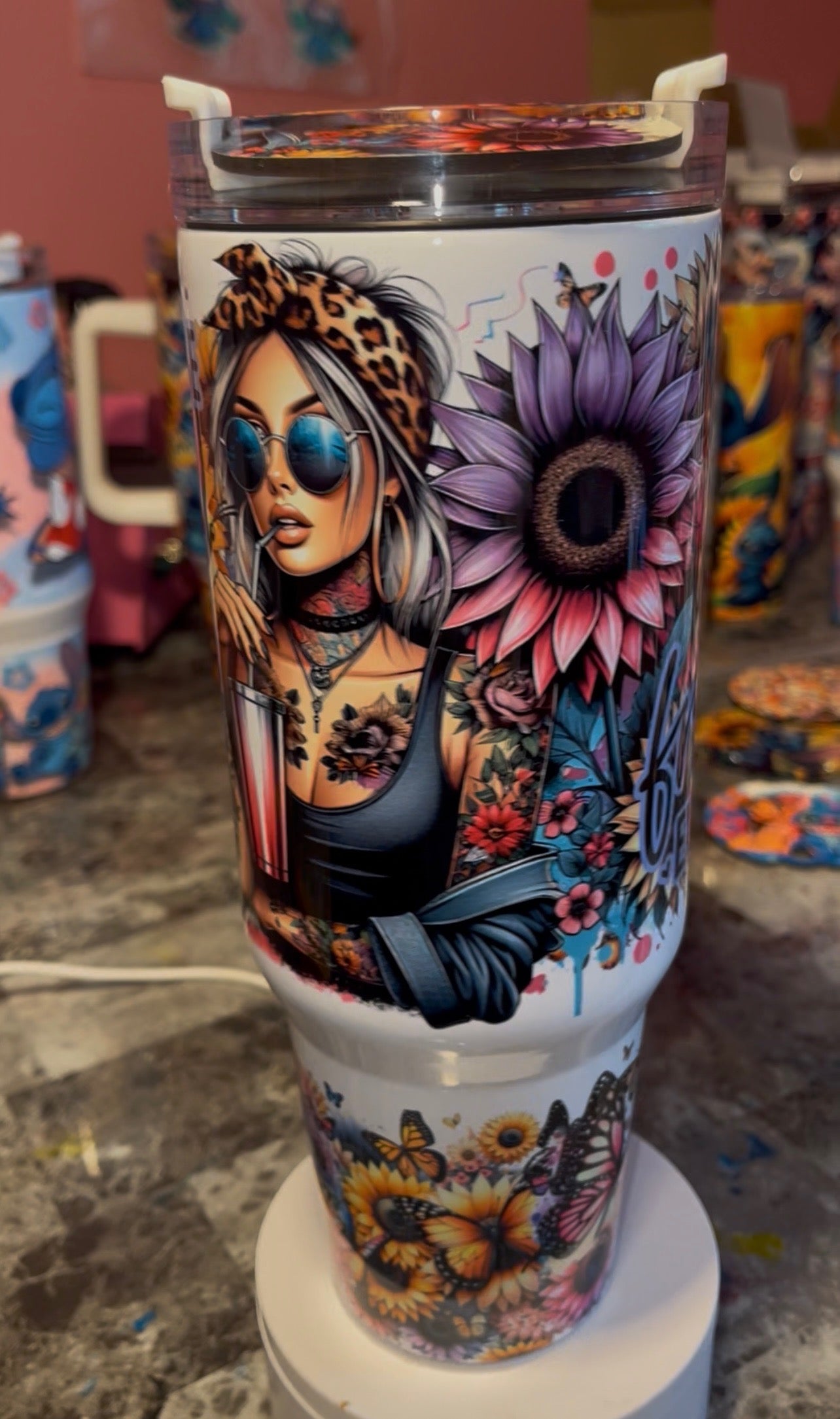 Colorful sunflowers tattoos 40oz Stainless Steel Custom Sublimation Print Double Wall Vacuum Insulated Tumbler