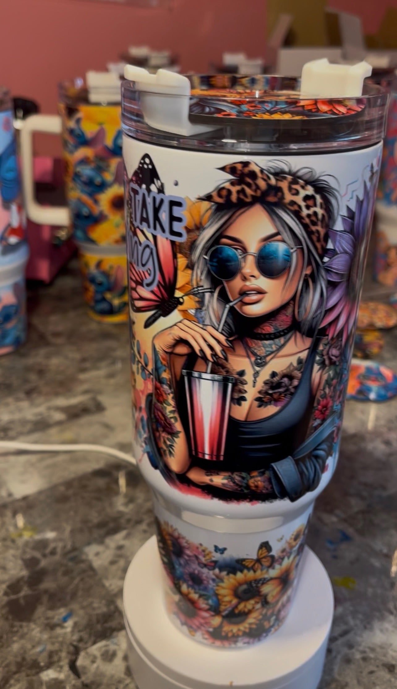 Colorful sunflowers tattoos 40oz Stainless Steel Custom Sublimation Print Double Wall Vacuum Insulated Tumbler