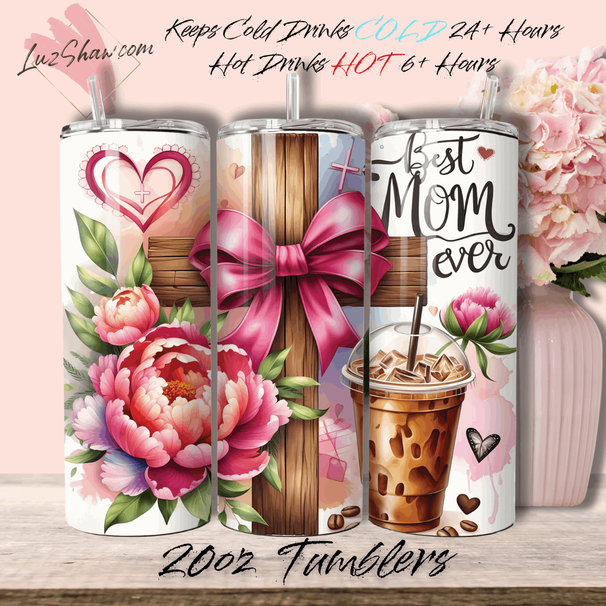Best Mom Ever Peony Flower Cross 20oz Stainless Steel Custom Sublimation Print Double Wall Vacuum Insulated Tumbler