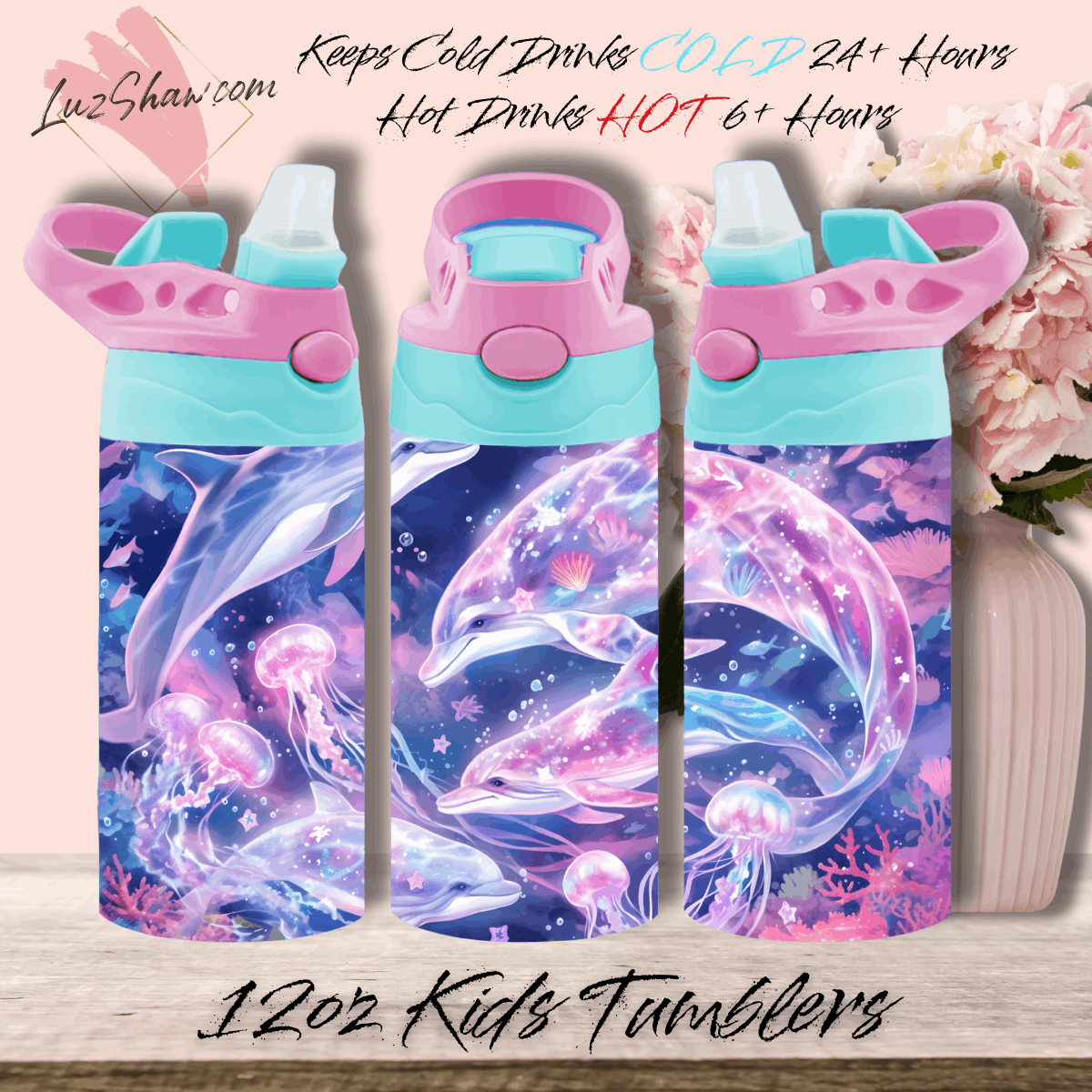 Pink and Blue Dolphins 12oz Stainless Steel Custom Sublimation Print Double Wall Vacuum Insulated Tumbler