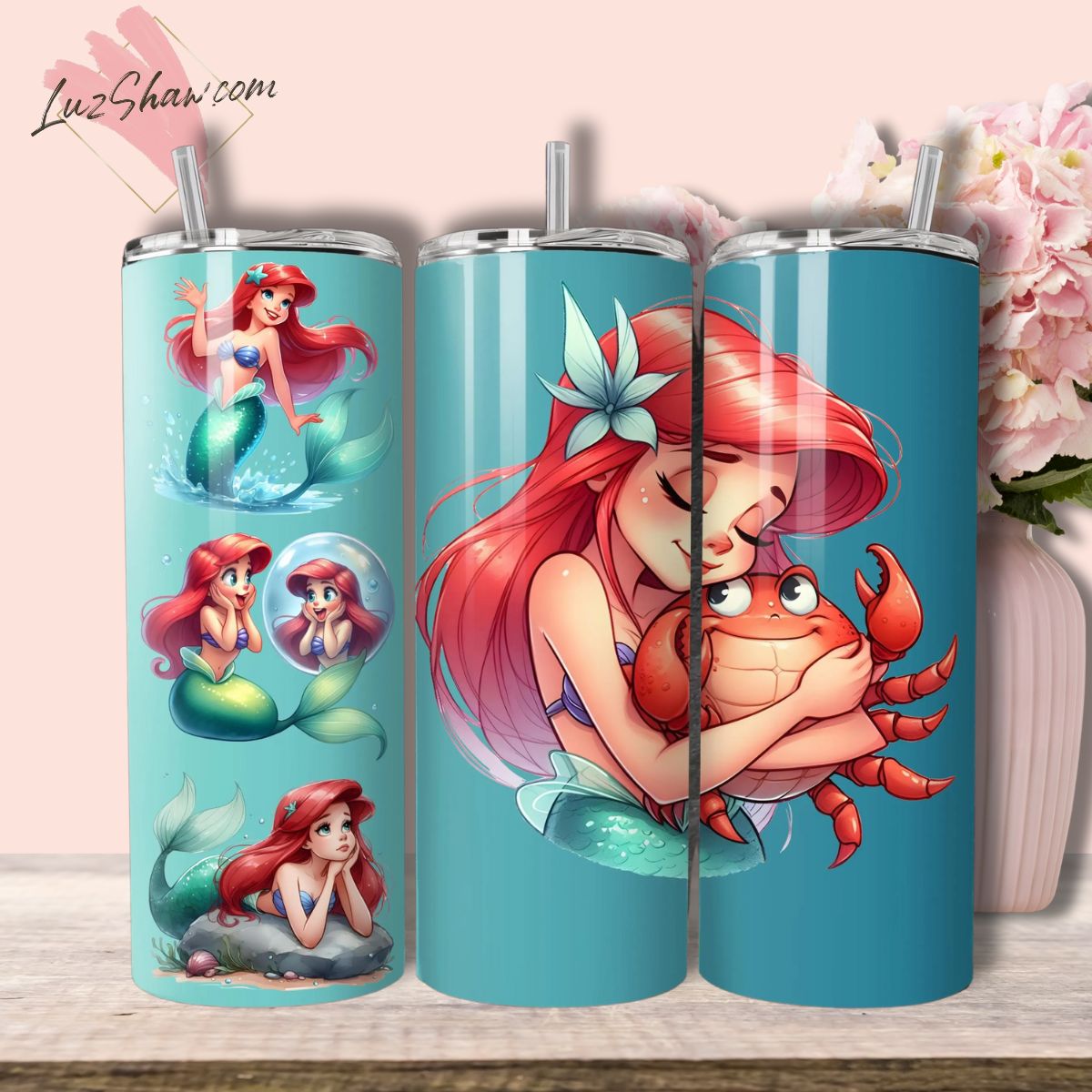 Red Haired Ocean Princess 20oz Stainless Steel Custom Sublimation Print Tumbler Double Wall Vacuum Insulated 7 Princess Ariel Design choices