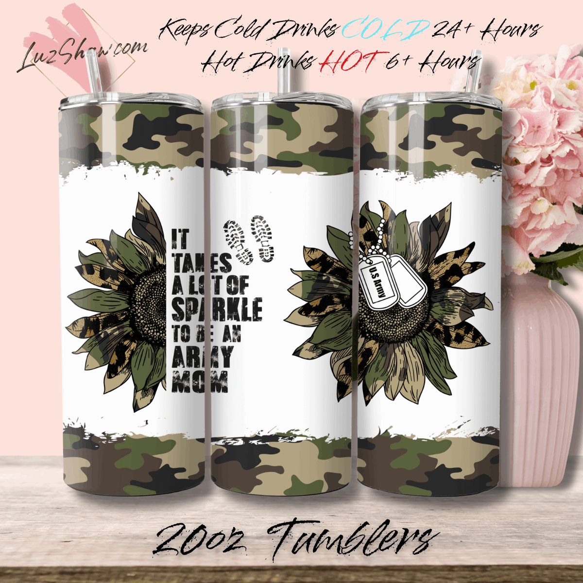 Army Mom 20oz Stainless Steel Custom Sublimation Print Double Wall Vacuum Insulated Tumbler
