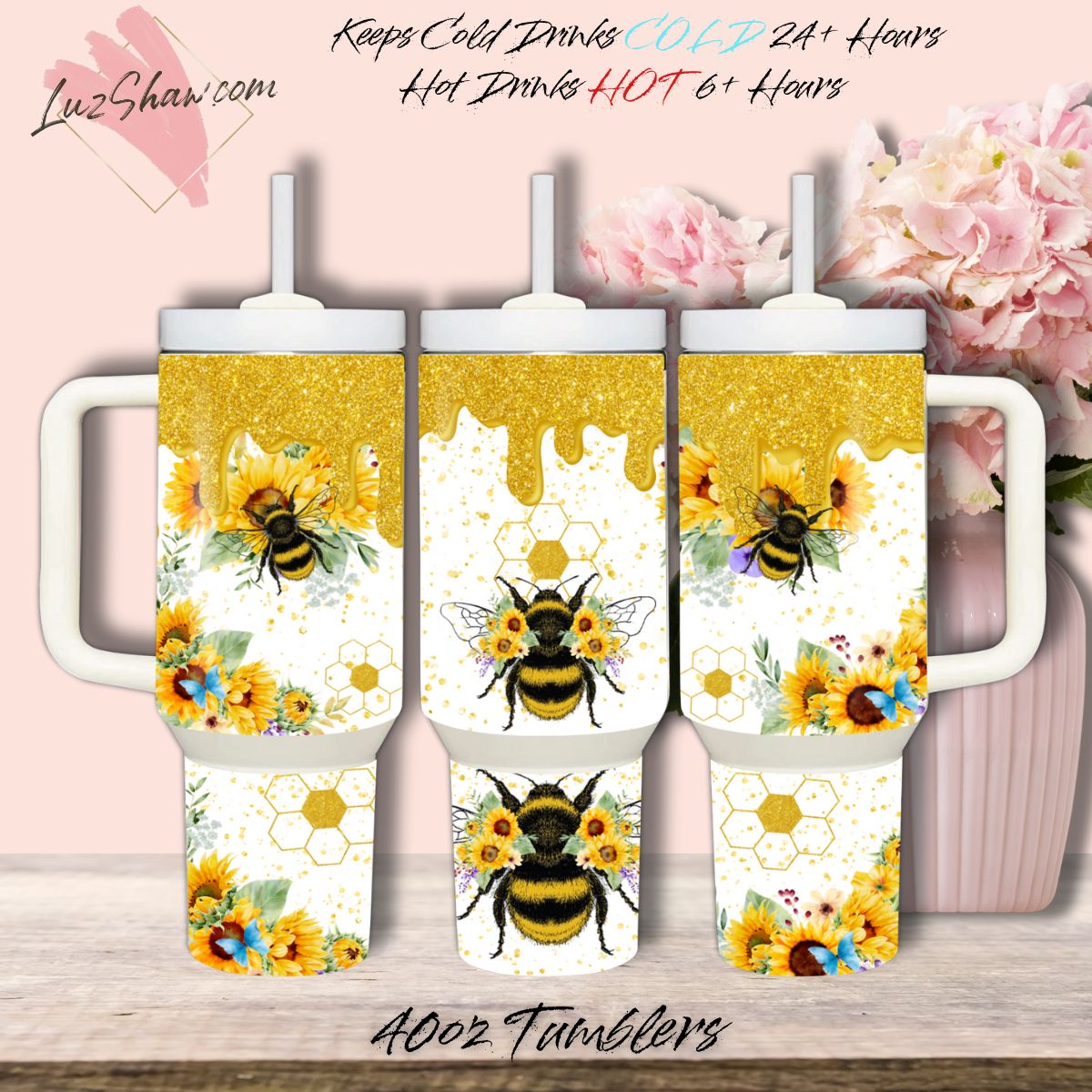 Bees Sunflowers Dripping Honey Design 40oz Stainless Steel Custom Sublimation Print Double Wall Vacuum Insulated Tumbler