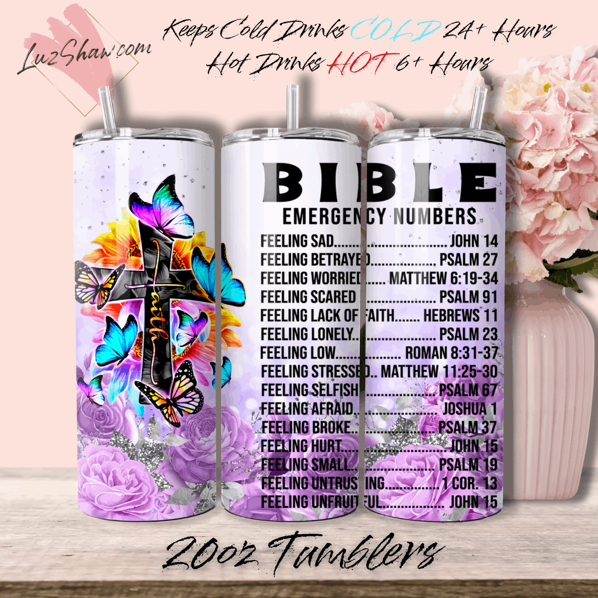 Bible Verses Emergency Numbers 20oz Stainless Steel Custom Sublimation Print Double Wall Vacuum Insulated Tumbler