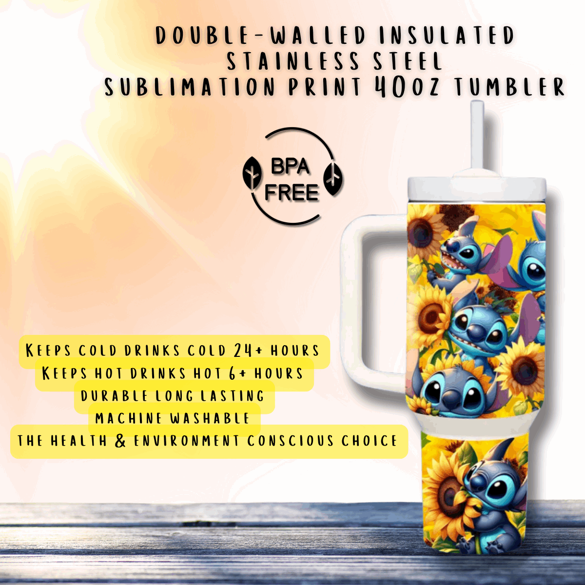 40oz Stainless Steel Custom Sublimation Print Tumbler Double Wall Insulation Vacuum Sealed Stitch Sunflowers Design