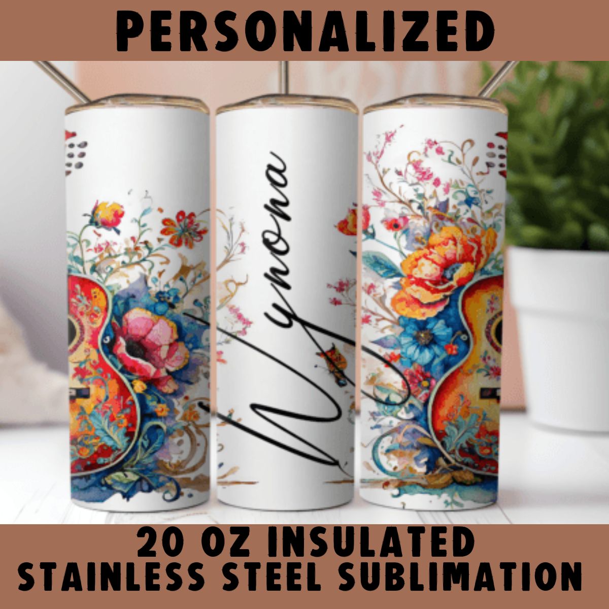 Personalized Floral Guitar Design 20oz Stainless Steel Custom Sublimation Print Double Wall Vacuum Insulated Tumbler