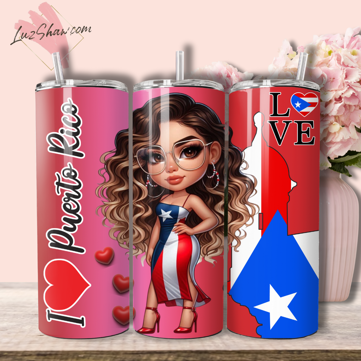 Puerto Rico Chibi Girl 3 Design Choices 20oz Stainless Steel Custom Sublimation Print Tumbler Double Wall Vacuum Insulated Chibi Girl Design