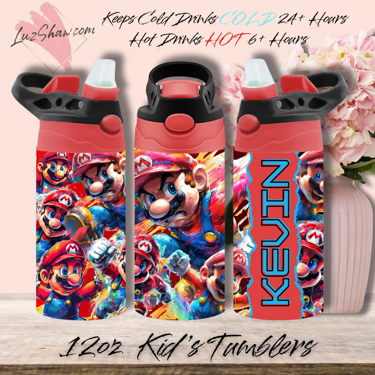 Vaso de acero inoxidable de 12 oz con aislamiento al vacío de doble pared con impresión de sublimación personalizada de Mario Art