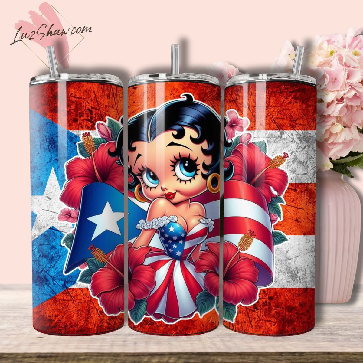 Puerto Rico Betty 20oz Stainless Steel Custom Sublimation Print Double Wall Vacuum Insulated Tumbler, 7 Styles to Choose from