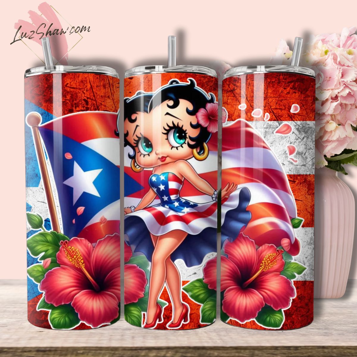 Puerto Rico Betty 20oz Stainless Steel Custom Sublimation Print Double Wall Vacuum Insulated Tumbler, 7 Styles to Choose from