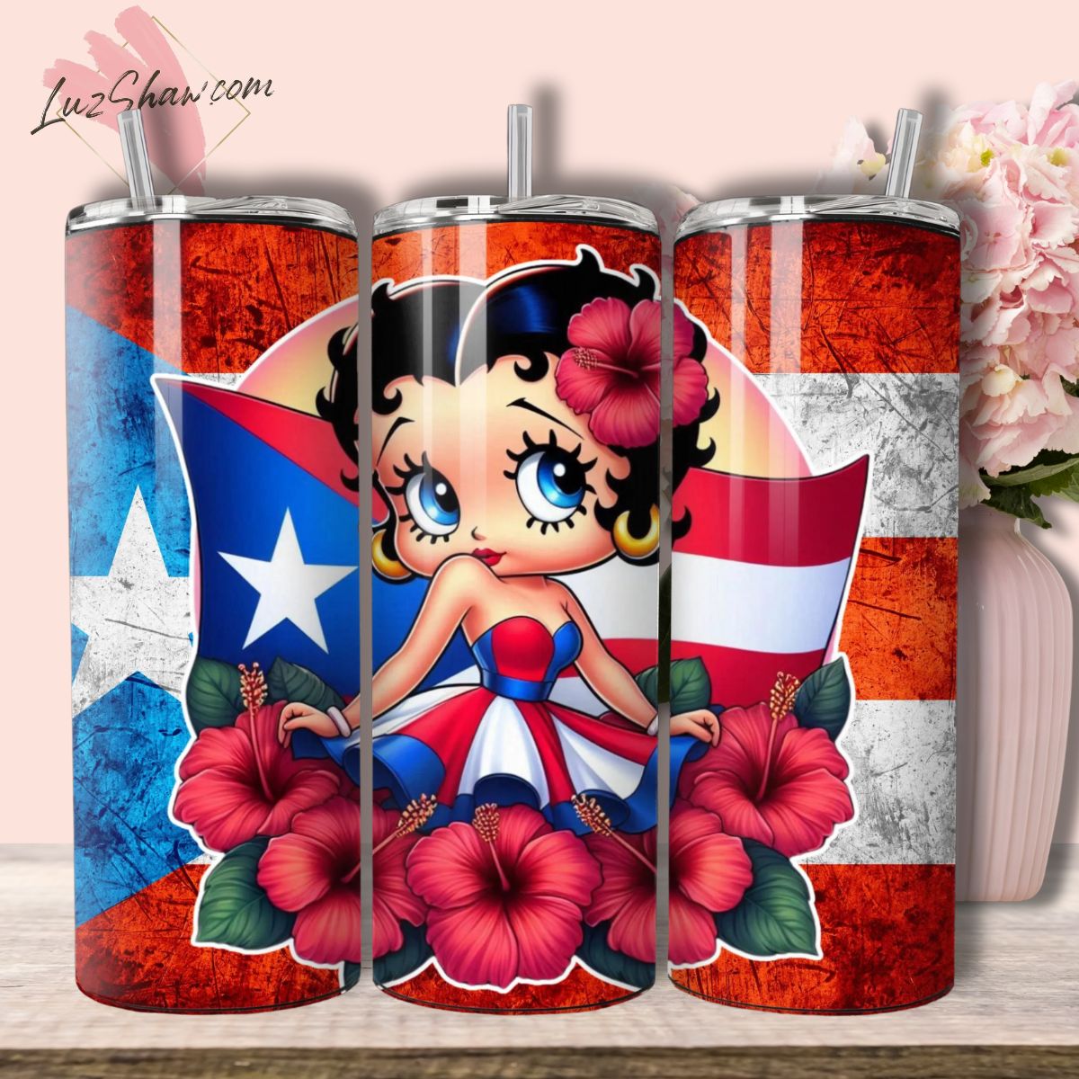 Puerto Rico Betty 20oz Stainless Steel Custom Sublimation Print Double Wall Vacuum Insulated Tumbler, 7 Styles to Choose from