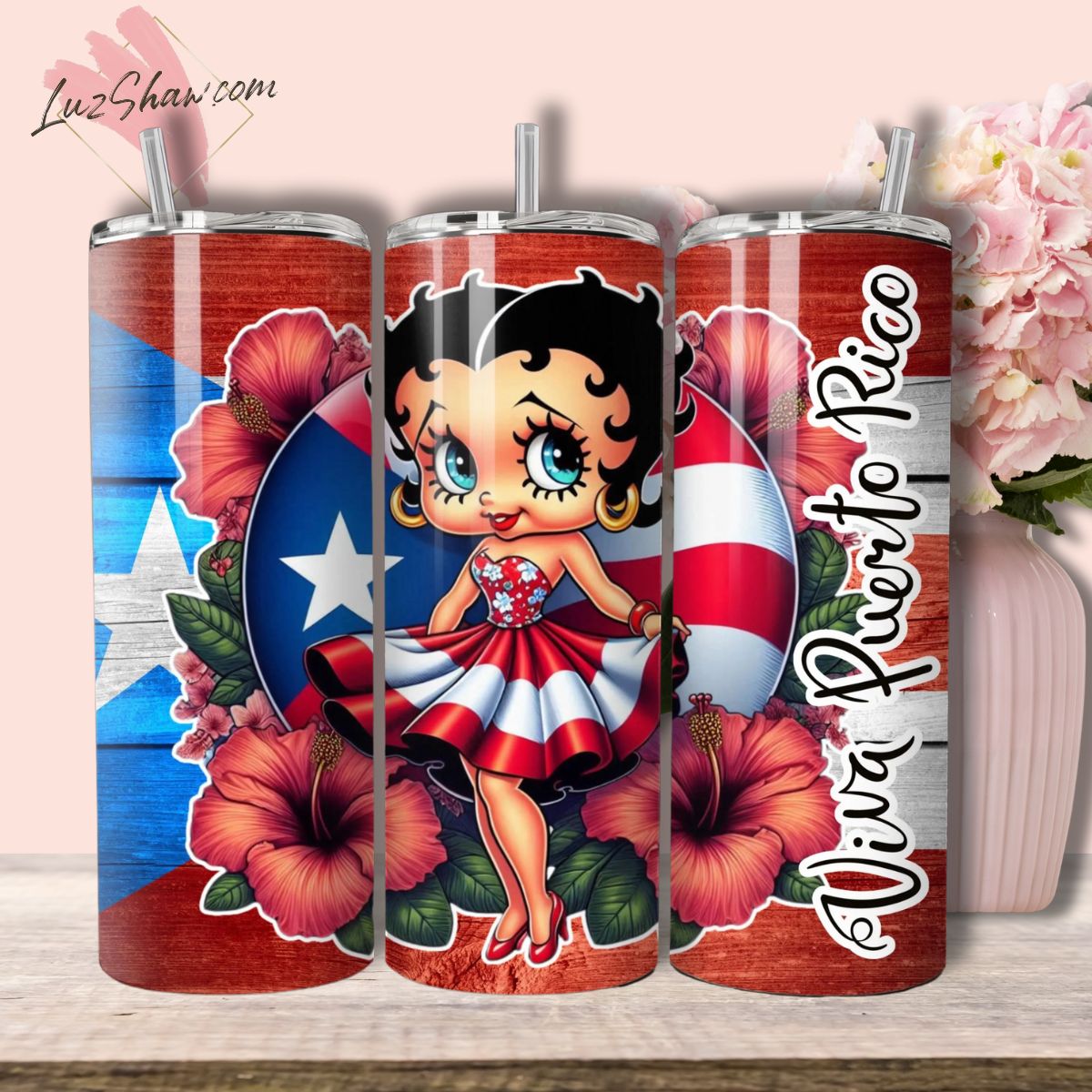 Puerto Rico Betty 20oz Stainless Steel Custom Sublimation Print Double Wall Vacuum Insulated Tumbler, 7 Styles to Choose from