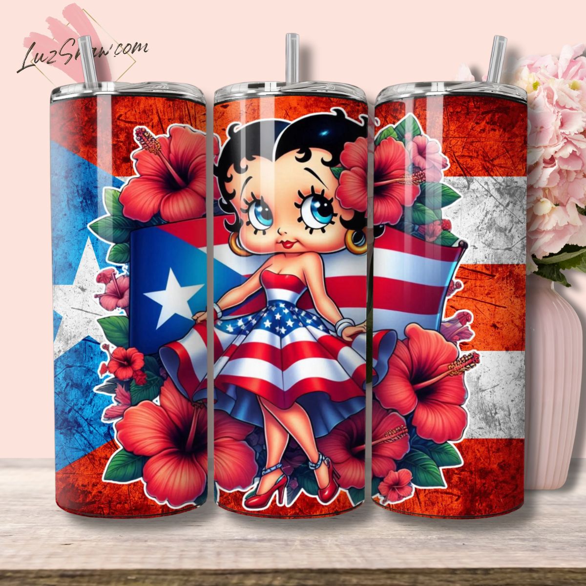 Puerto Rico Betty 20oz Stainless Steel Custom Sublimation Print Double Wall Vacuum Insulated Tumbler, 7 Styles to Choose from