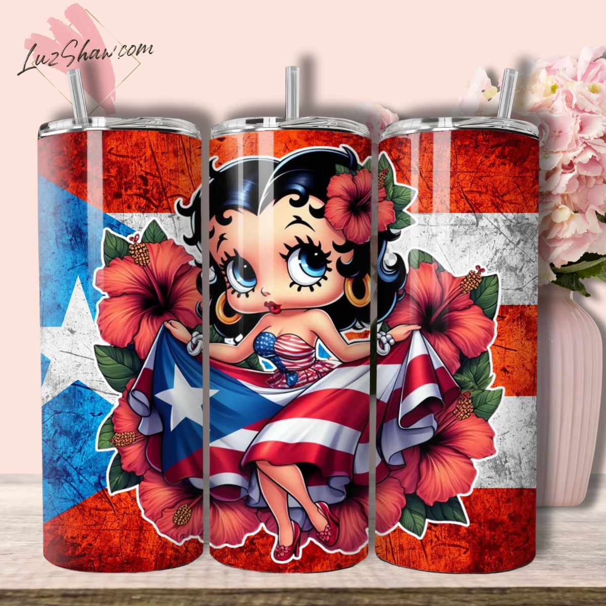 Puerto Rico Betty 20oz Stainless Steel Custom Sublimation Print Double Wall Vacuum Insulated Tumbler, 7 Styles to Choose from