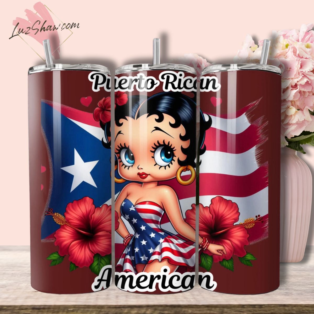 Puerto Rico Betty 20oz Stainless Steel Custom Sublimation Print Double Wall Vacuum Insulated Tumbler, 7 Styles to Choose from