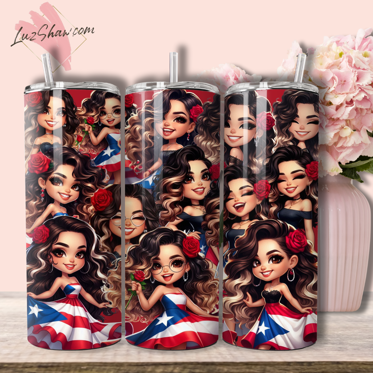 Puerto Rico Chibi Girl 3 Design Choices 20oz Stainless Steel Custom Sublimation Print Tumbler Double Wall Vacuum Insulated Chibi Girl Design