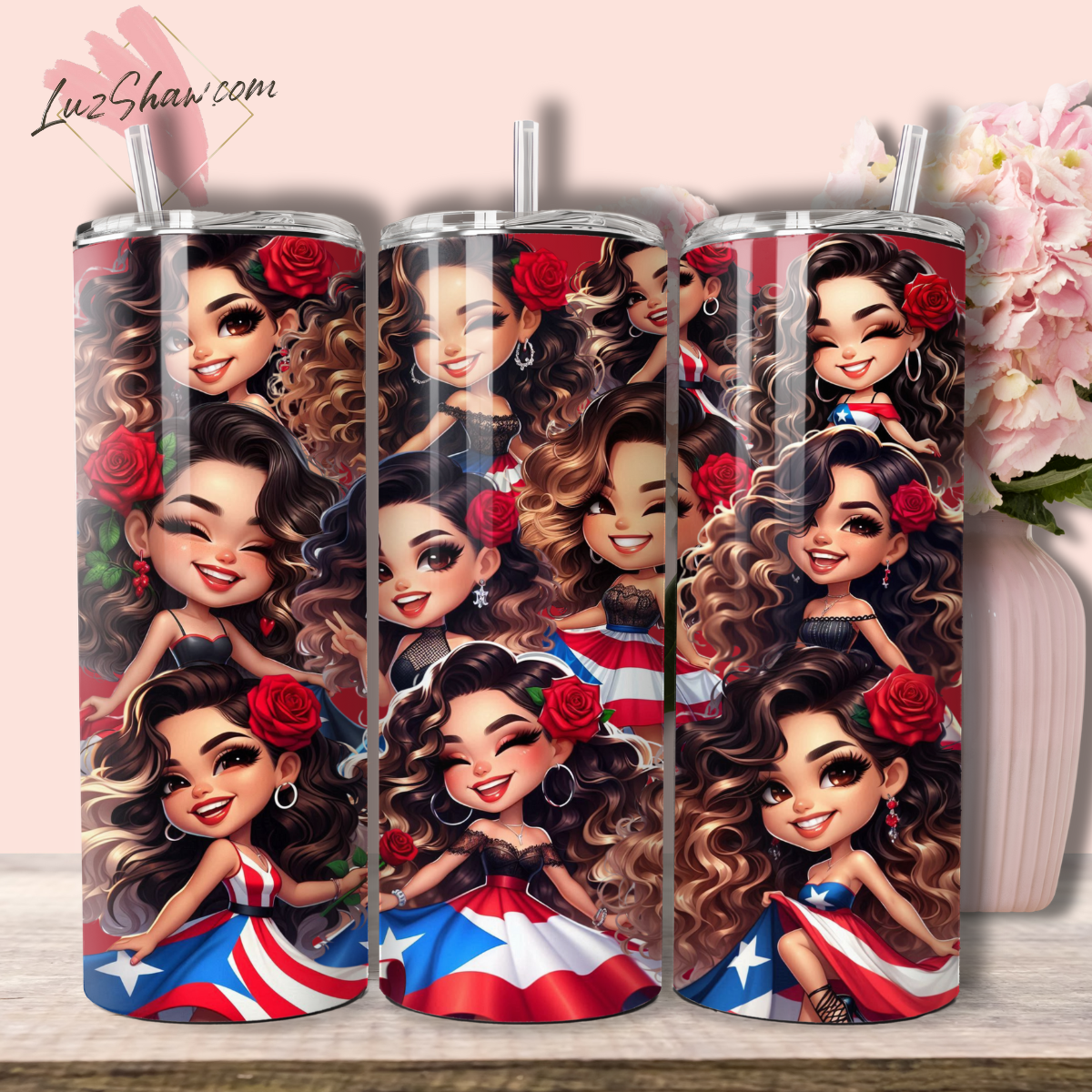 Puerto Rico Chibi Girl 3 Design Choices 20oz Stainless Steel Custom Sublimation Print Tumbler Double Wall Vacuum Insulated Chibi Girl Design
