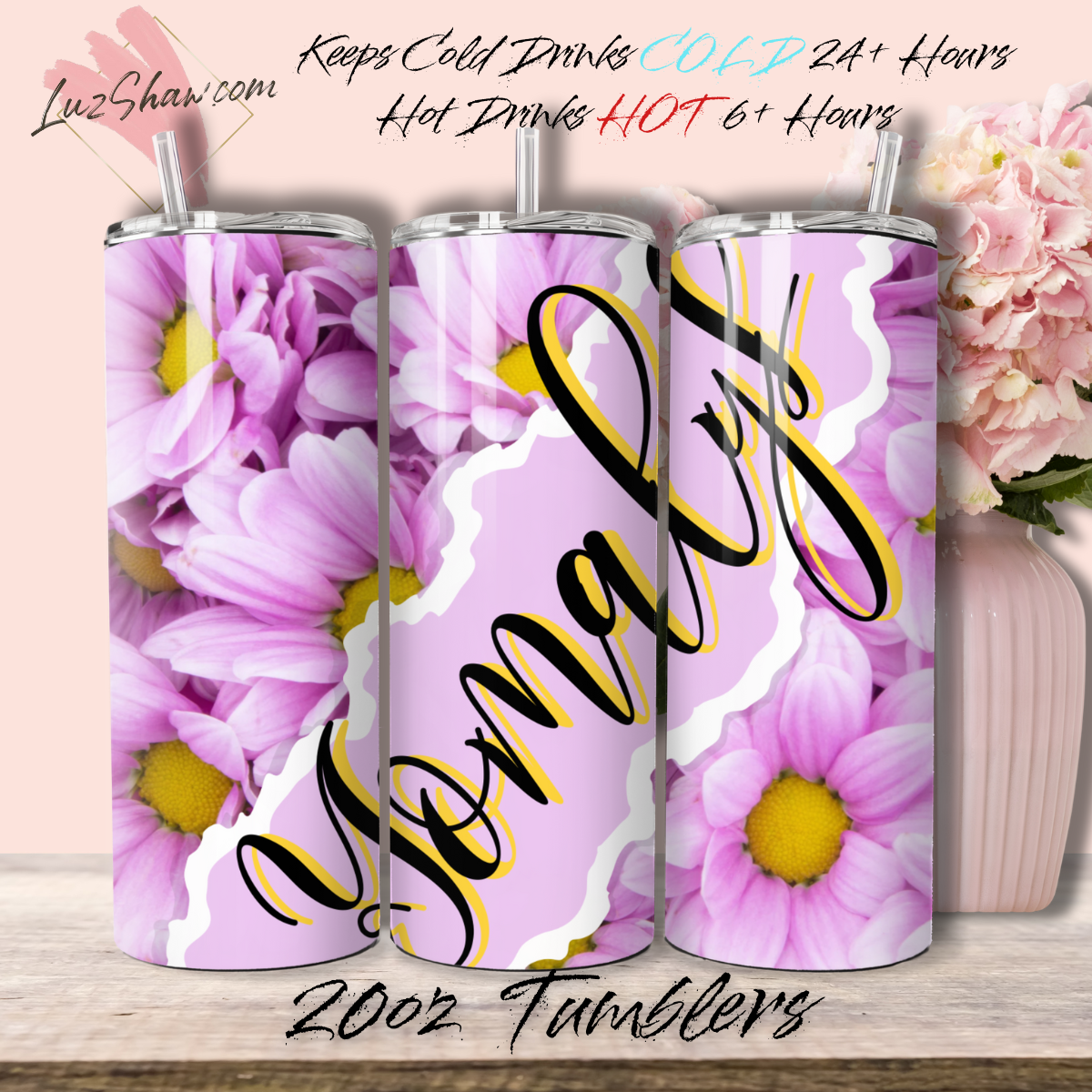 Personalized Purple Daisies 20oz Stainless Steel Custom Sublimation Print Double Wall Vacuum Insulated Tumbler