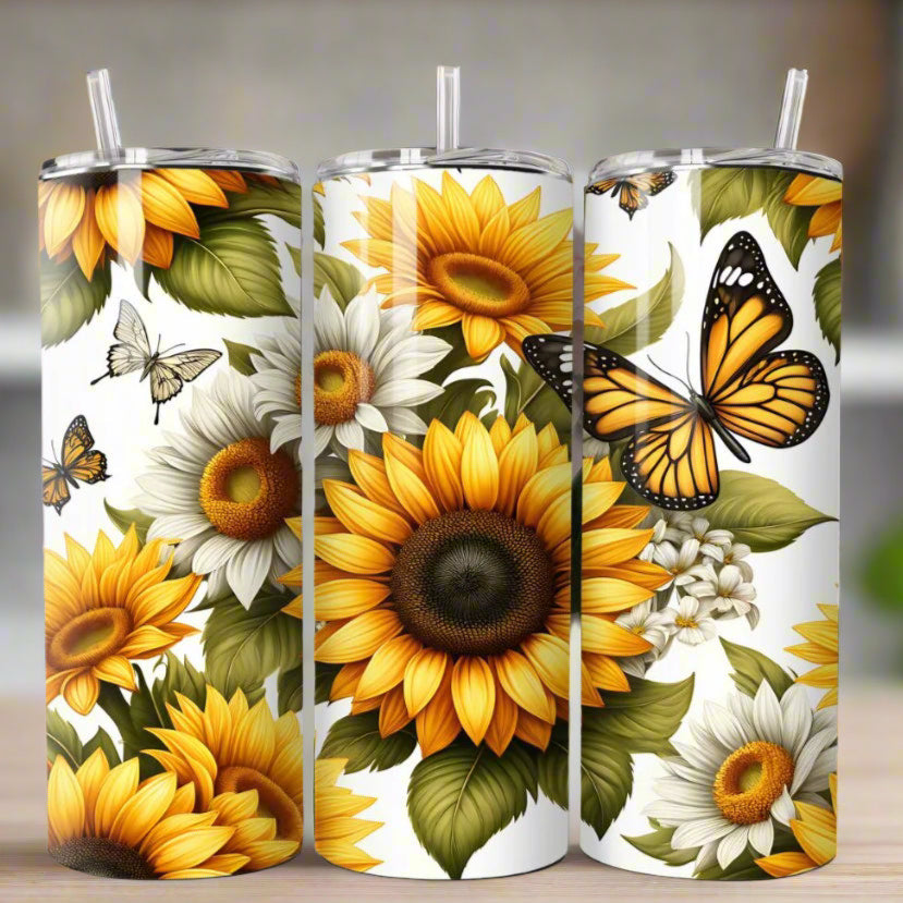Yellow Butterflies Sunflowers Design 20oz Stainless Steel Custom Sublimation Print Double Wall Vacuum Insulated Tumbler
