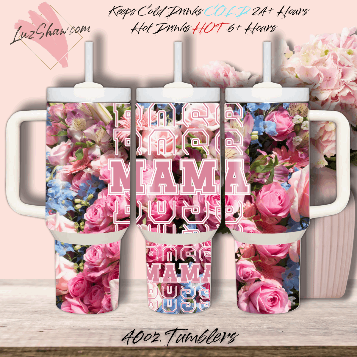 Mom Boss Roses Design 40oz Stainless Steel Custom Sublimation Print Double Wall Vacuum Insulated Tumbler