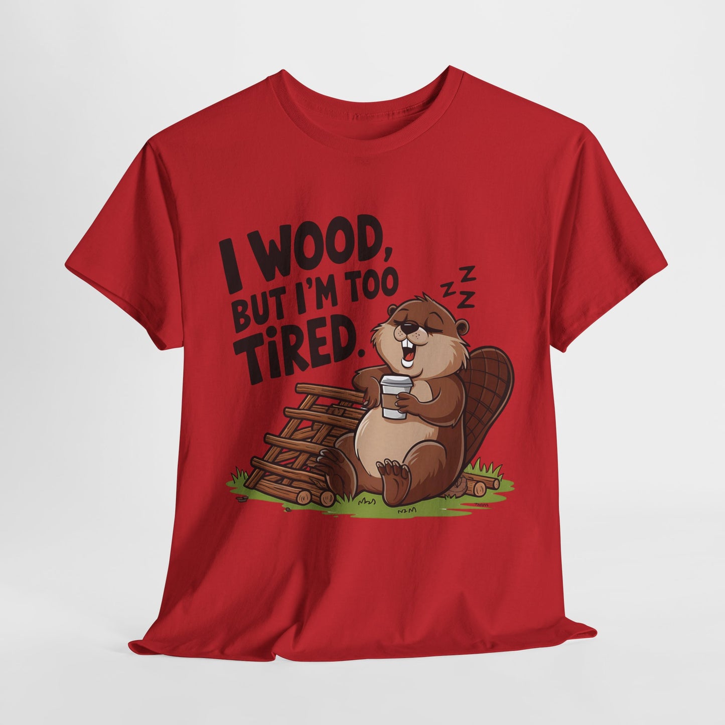 Funny Unisex Heavy Cotton Tee - 'I Wood, But I’m Too Tired' Bear Design