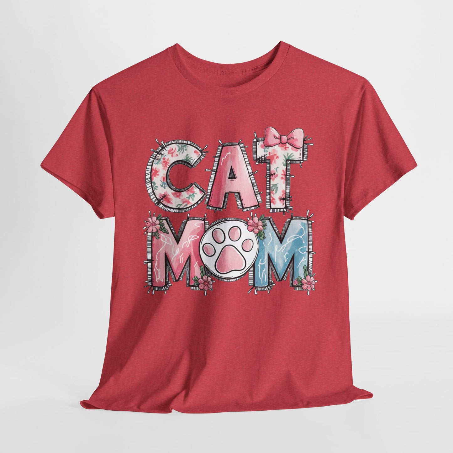 Cat Mom Unisex Heavy Cotton Tee - Cute Floral Design