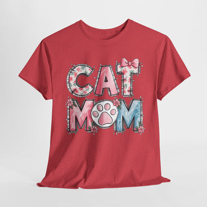 Cat Mom Unisex Heavy Cotton Tee - Cute Floral Design