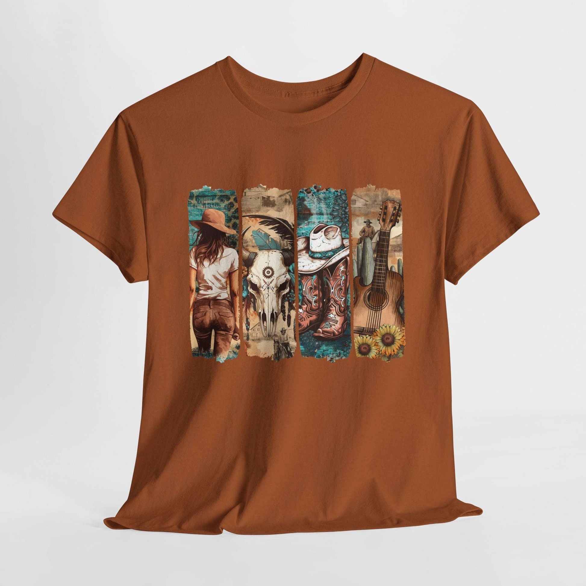 Western Vibes Unisex Heavy Cotton Tee Cowboy and Guitar Design