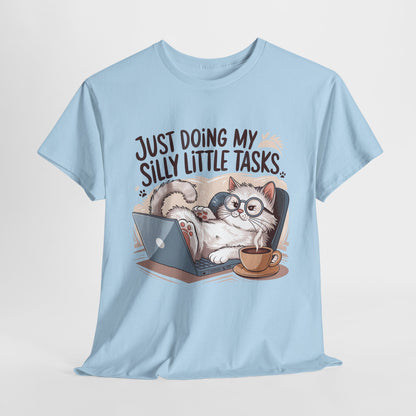 Cute Cat-Themed Unisex Heavy Cotton Tee - "Just Doing My Silly Little Tasks"