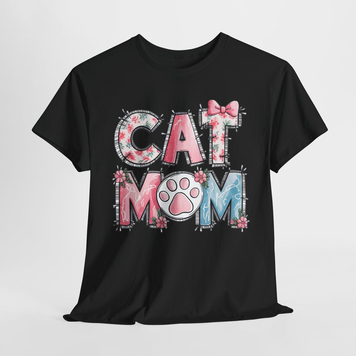 Cat Mom Unisex Heavy Cotton Tee - Cute Floral Design