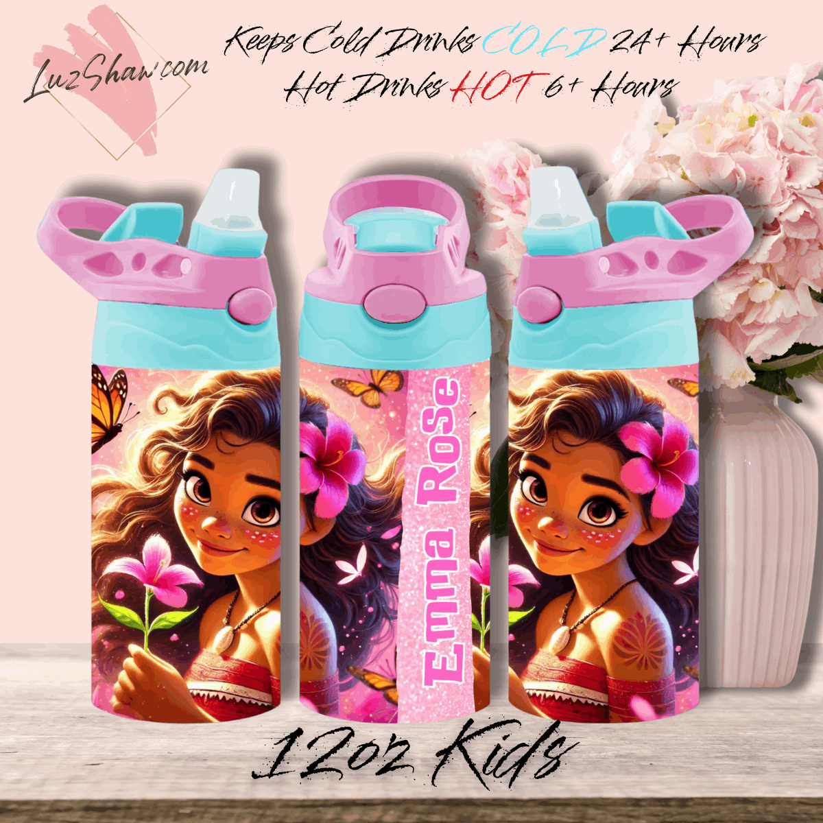 Personalized Hawaiian Princess 12oz Stainless Steel Custom Sublimation Print Double Wall Vacuum Insulated Tumbler