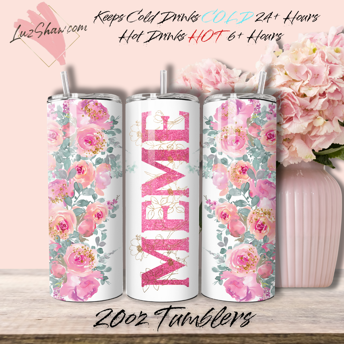 Mom or Grandma Custom Floral 10 Design Options 20oz Stainless Steel Custom Sublimation Print Double Wall Vacuum Insulated Tumbler