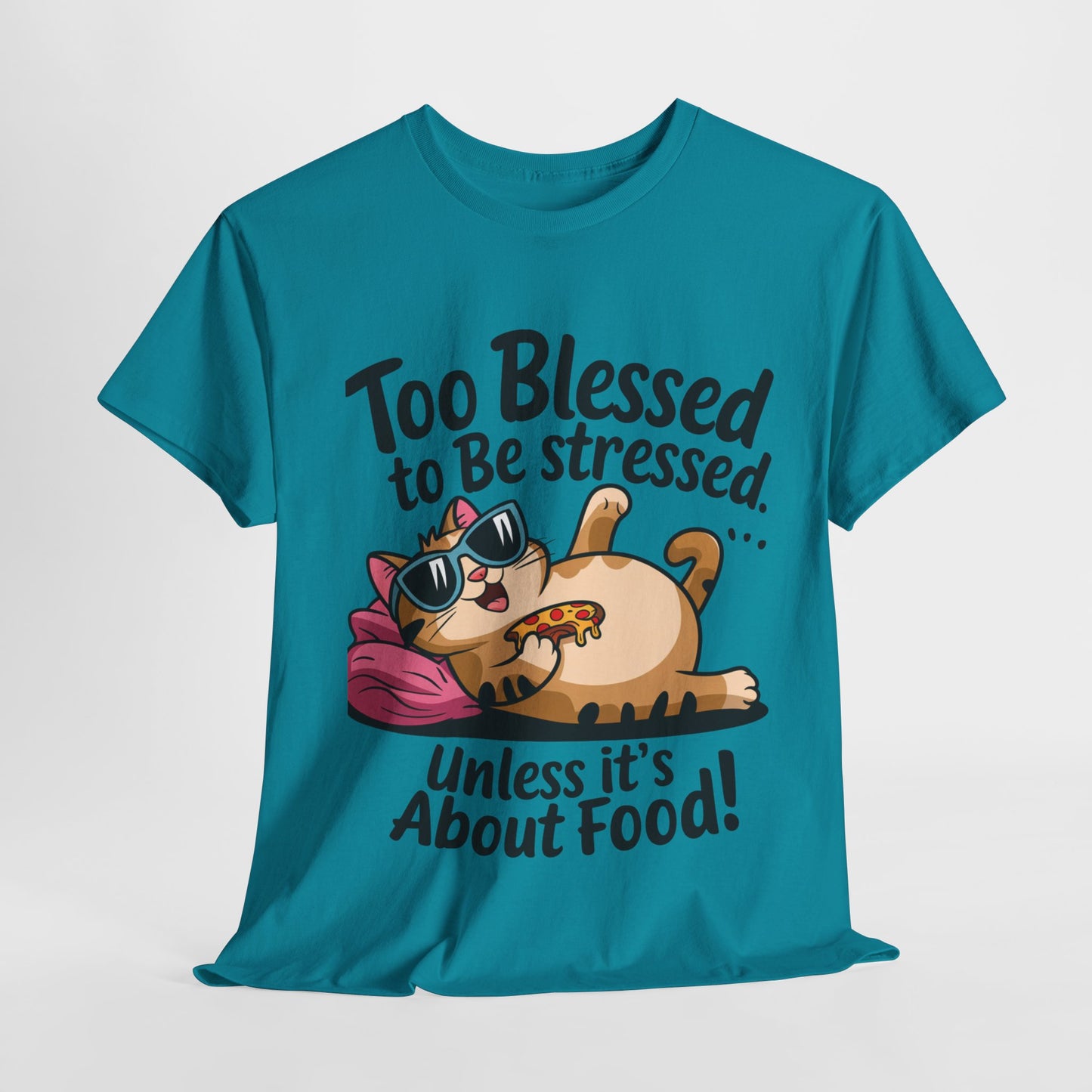 Funny Cat Unisex Heavy Cotton Tee - 'Too Blessed to Be Stressed'