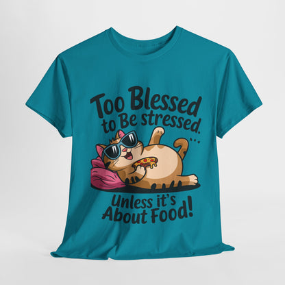 Funny Cat Unisex Heavy Cotton Tee - 'Too Blessed to Be Stressed'