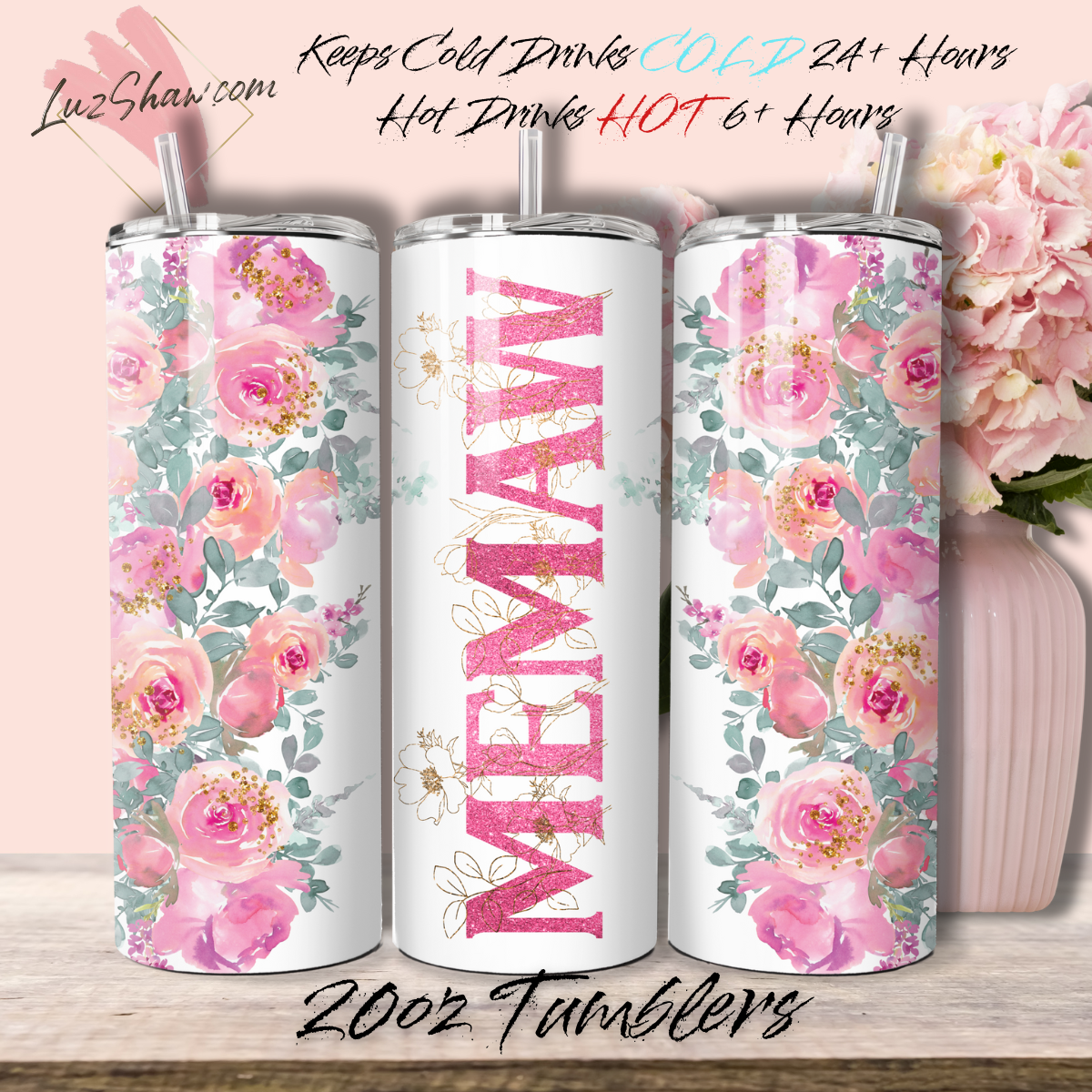 Mom or Grandma Custom Floral 10 Design Options 20oz Stainless Steel Custom Sublimation Print Double Wall Vacuum Insulated Tumbler