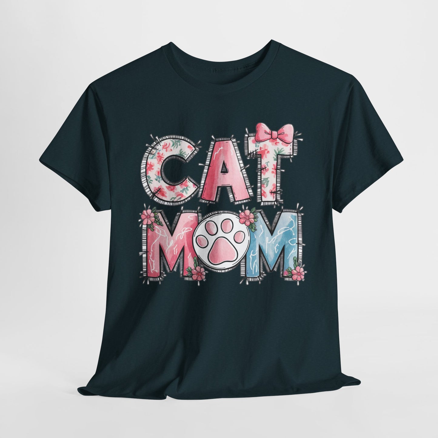 Cat Mom Unisex Heavy Cotton Tee - Cute Floral Design