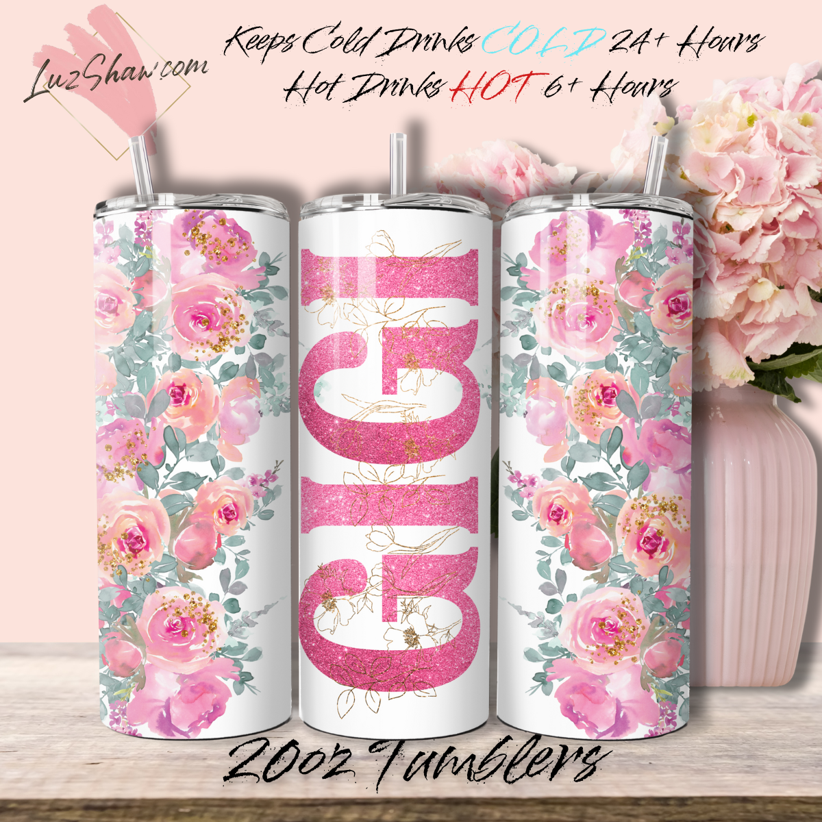 Mom or Grandma Custom Floral 10 Design Options 20oz Stainless Steel Custom Sublimation Print Double Wall Vacuum Insulated Tumbler