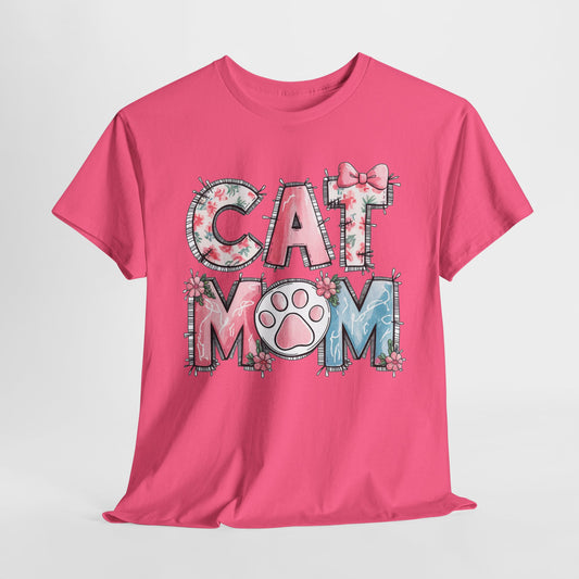 Cat Mom Unisex Heavy Cotton Tee - Cute Floral Design