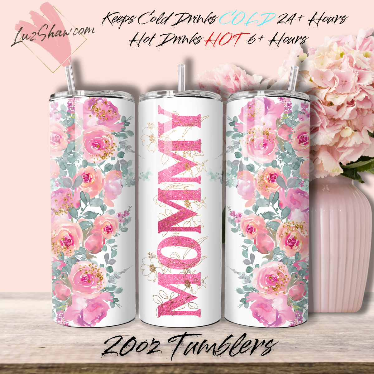 Mom or Grandma Custom Floral 10 Design Options 20oz Stainless Steel Custom Sublimation Print Double Wall Vacuum Insulated Tumbler