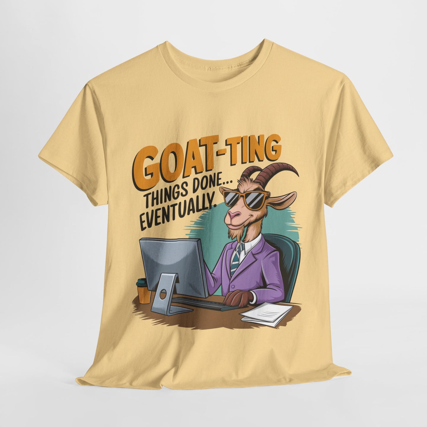 Funny Goat-Themed Unisex Heavy Cotton Tee - "GOAT-Ting Things Done... Eventually"
