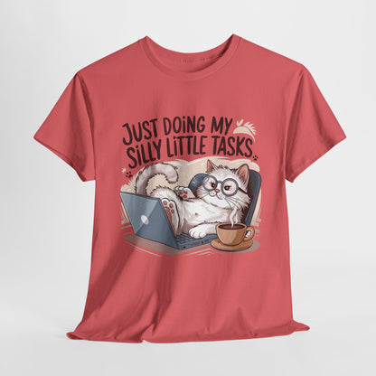 Cute Cat-Themed Unisex Heavy Cotton Tee - "Just Doing My Silly Little Tasks"