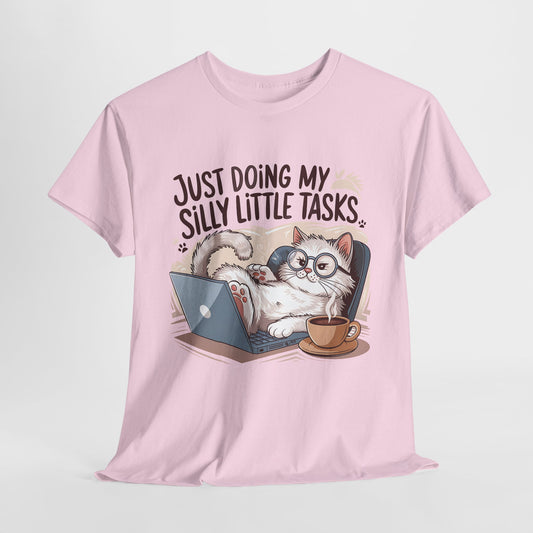 Cute Cat-Themed Unisex Heavy Cotton Tee - "Just Doing My Silly Little Tasks"