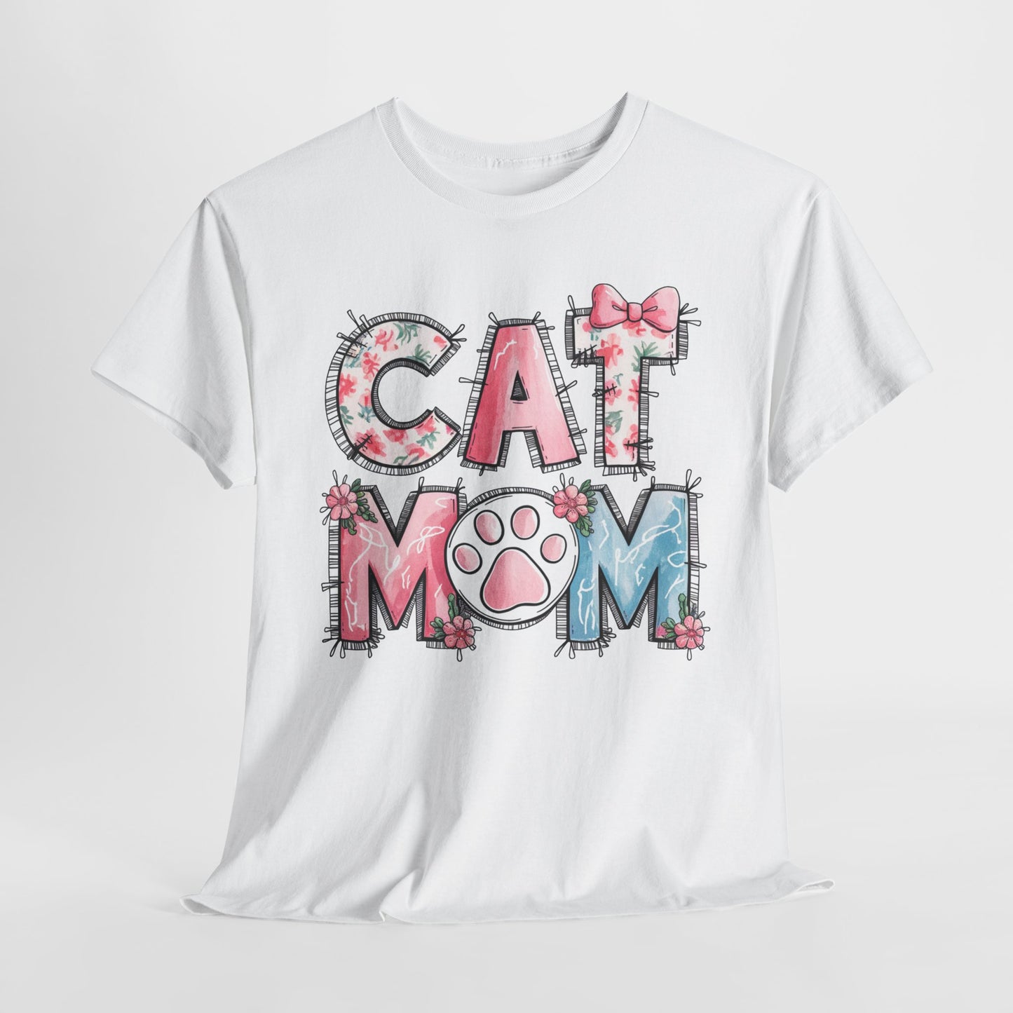 Cat Mom Unisex Heavy Cotton Tee - Cute Floral Design