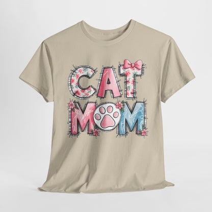 Cat Mom Unisex Heavy Cotton Tee - Cute Floral Design
