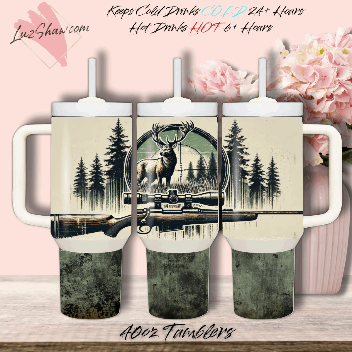 Deer Hunting Design 40oz Stainless Steel Custom Sublimation Print Double Wall Vacuum Insulated Tumbler