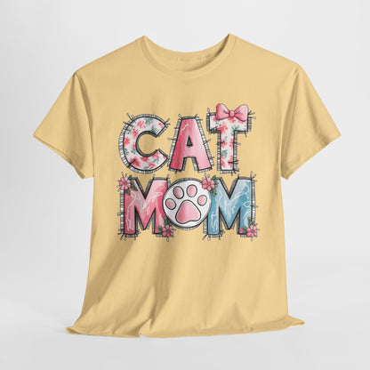 Cat Mom Unisex Heavy Cotton Tee - Cute Floral Design