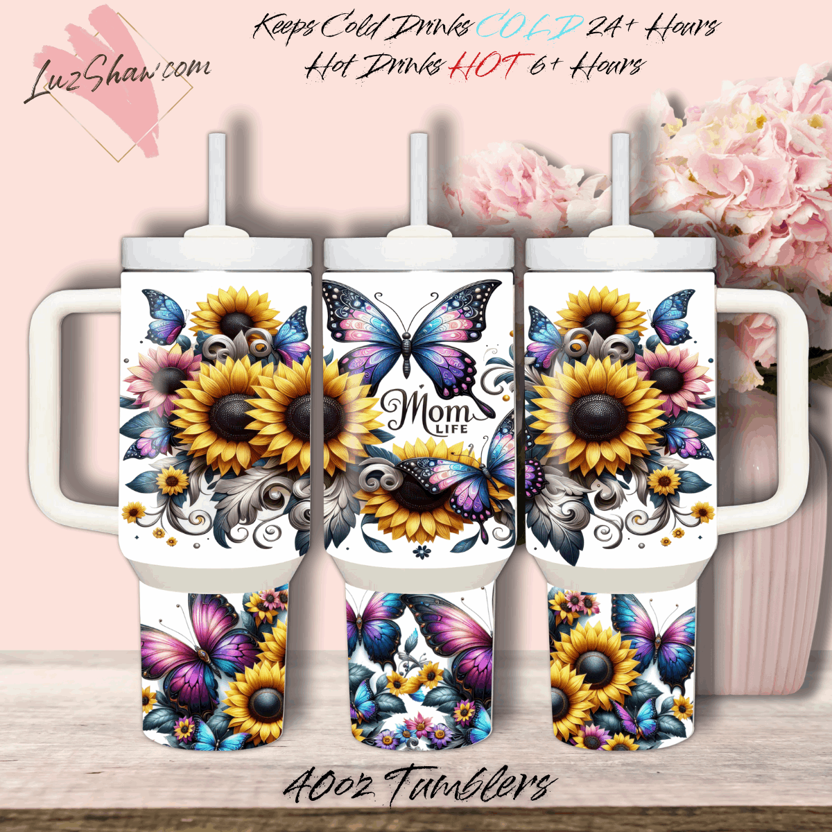Mom Life Sunflowers Butterflies Design 40oz Stainless Steel Custom Sublimation Print Double Wall Vacuum Insulated Tumbler