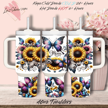 Mom Life Sunflowers Butterflies Design 40oz Stainless Steel Custom Sublimation Print Double Wall Vacuum Insulated Tumbler